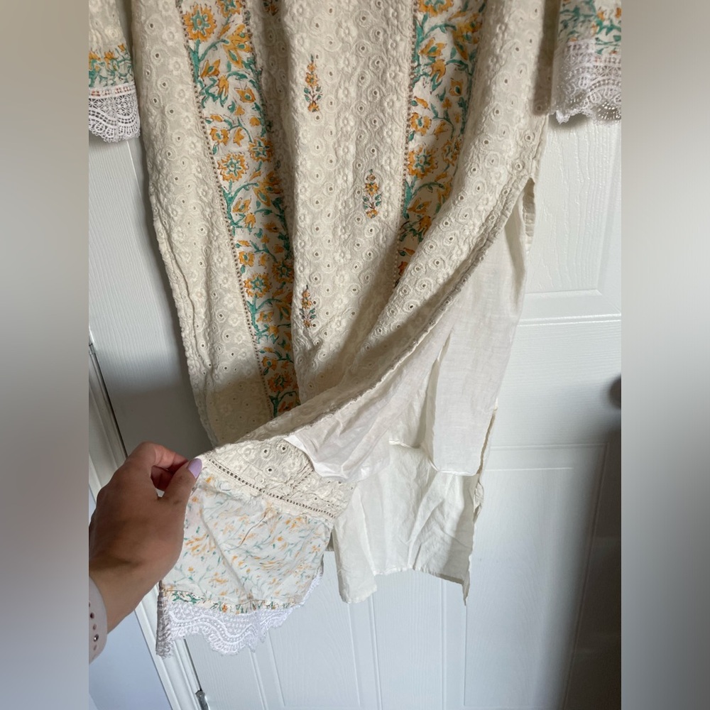 Artisan Block Print Kurti Tunic with Dupatta Boho Chikankari Eyelet Cotton Dress - Picture 9 of 16